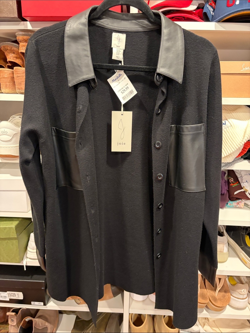 Joie Black Cardigan with Faux Leather Collar and Pocket Trim
